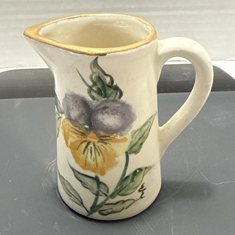 Vintage Hand Painted Floral Miniature Pitcher With‎ Gold Rim